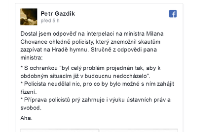 Policista hymnu na Hradě nezakázal, odpověděl na můj dotaz ministr